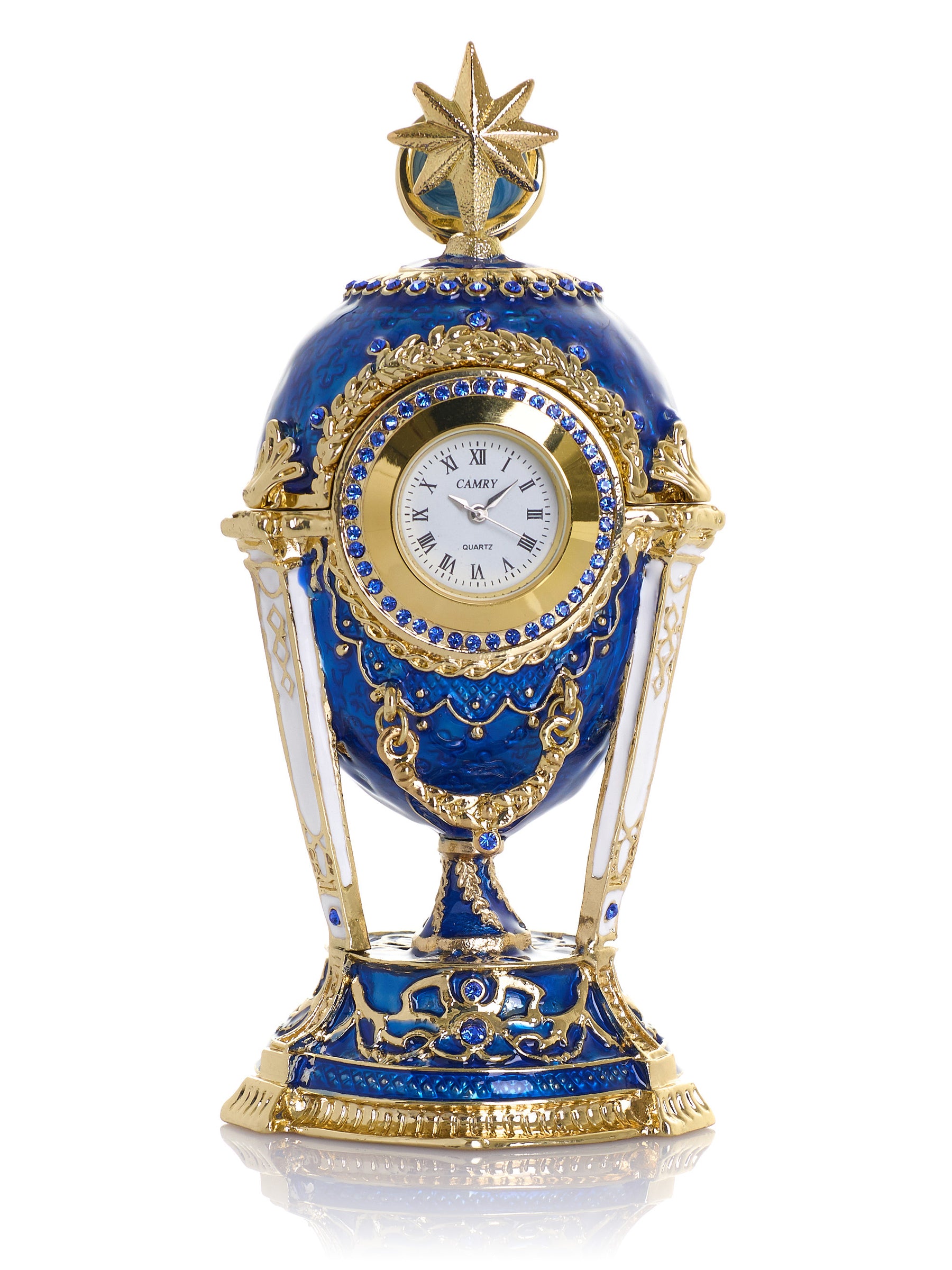 Königsblaues & Goldenes Uhr-Ei Schmuckkästchen im Fabergé-Stil mit Geheimfach & abnehmbarem Stern