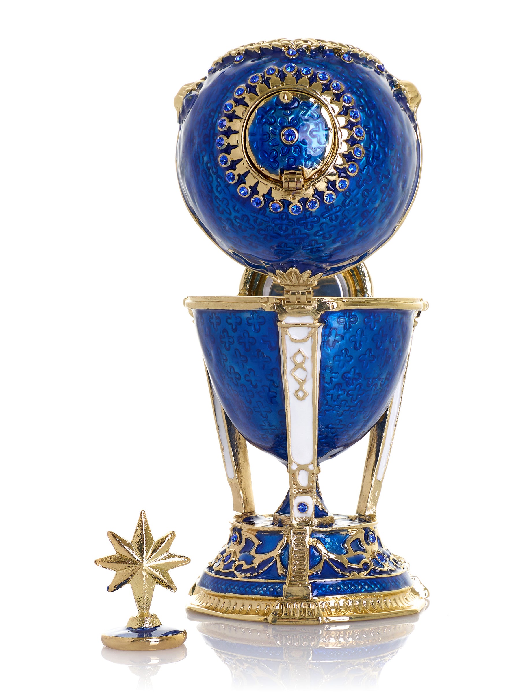 Königsblaues & Goldenes Uhr-Ei Schmuckkästchen im Fabergé-Stil mit Geheimfach & abnehmbarem Stern