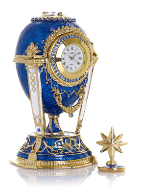 Königsblaues & Goldenes Uhr-Ei Schmuckkästchen im Fabergé-Stil mit Geheimfach & abnehmbarem Stern
