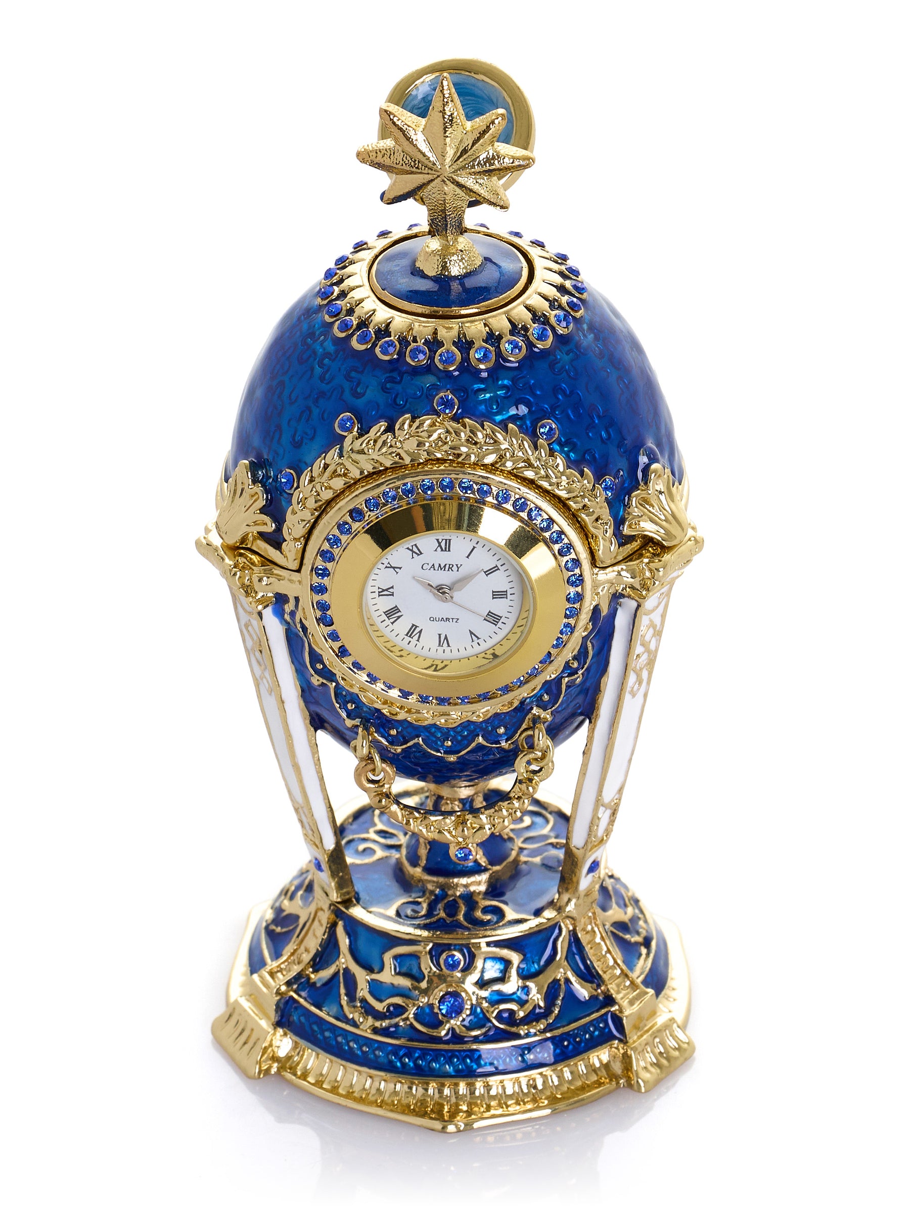 Königsblaues & Goldenes Uhr-Ei Schmuckkästchen im Fabergé-Stil mit Geheimfach & abnehmbarem Stern