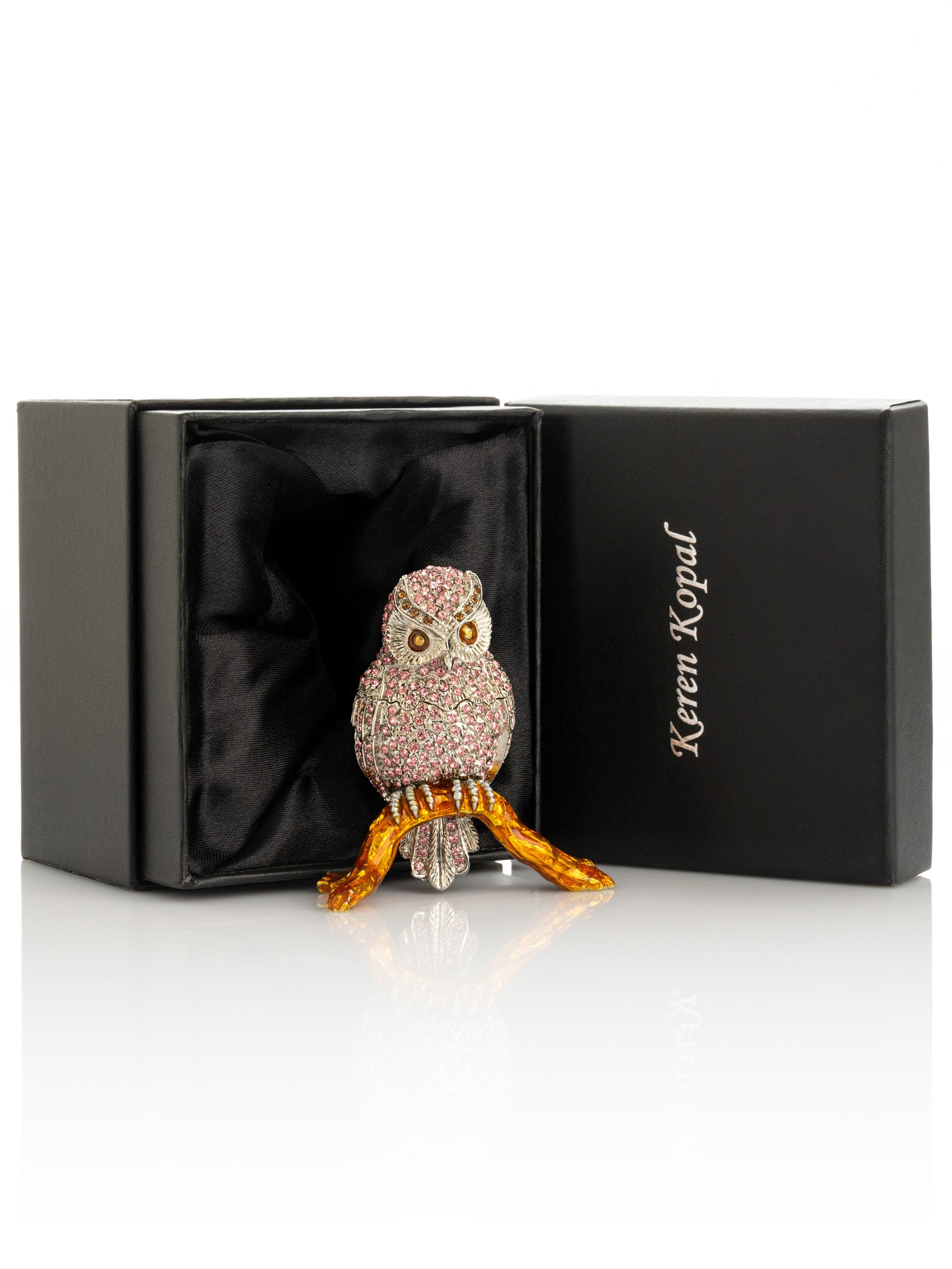 Keren Kopal Pink & Silver Crystal Owl on Amber Tree Branch Trinket Box