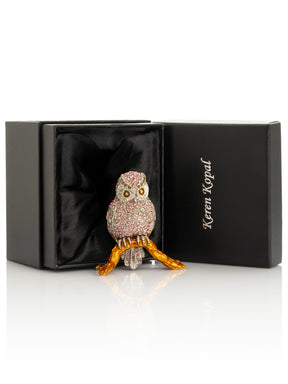 Keren Kopal Pink & Silver Crystal Owl on Amber Tree Branch Trinket Box