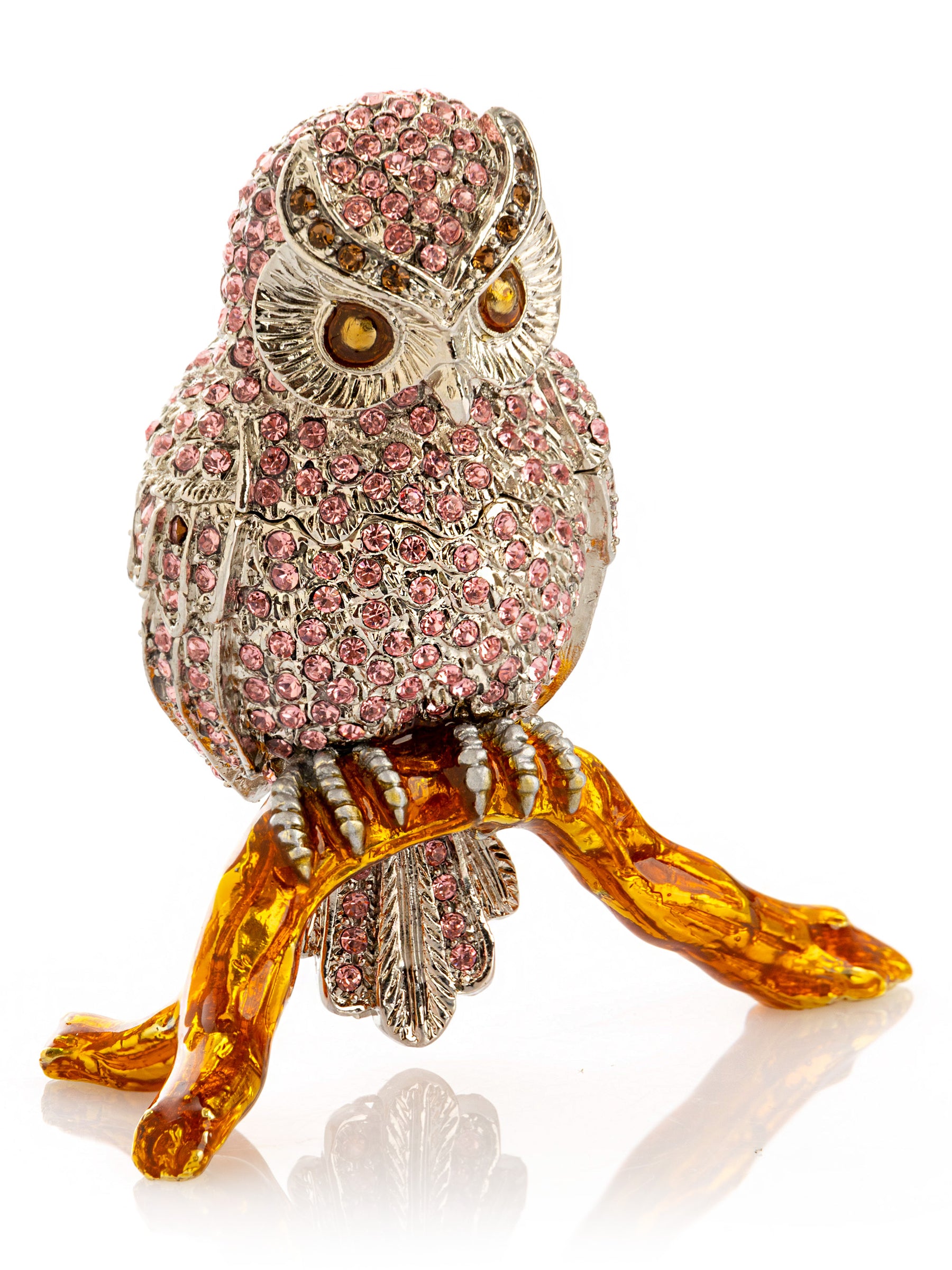 Keren Kopal Pink & Silver Crystal Owl on Amber Tree Branch Trinket Box