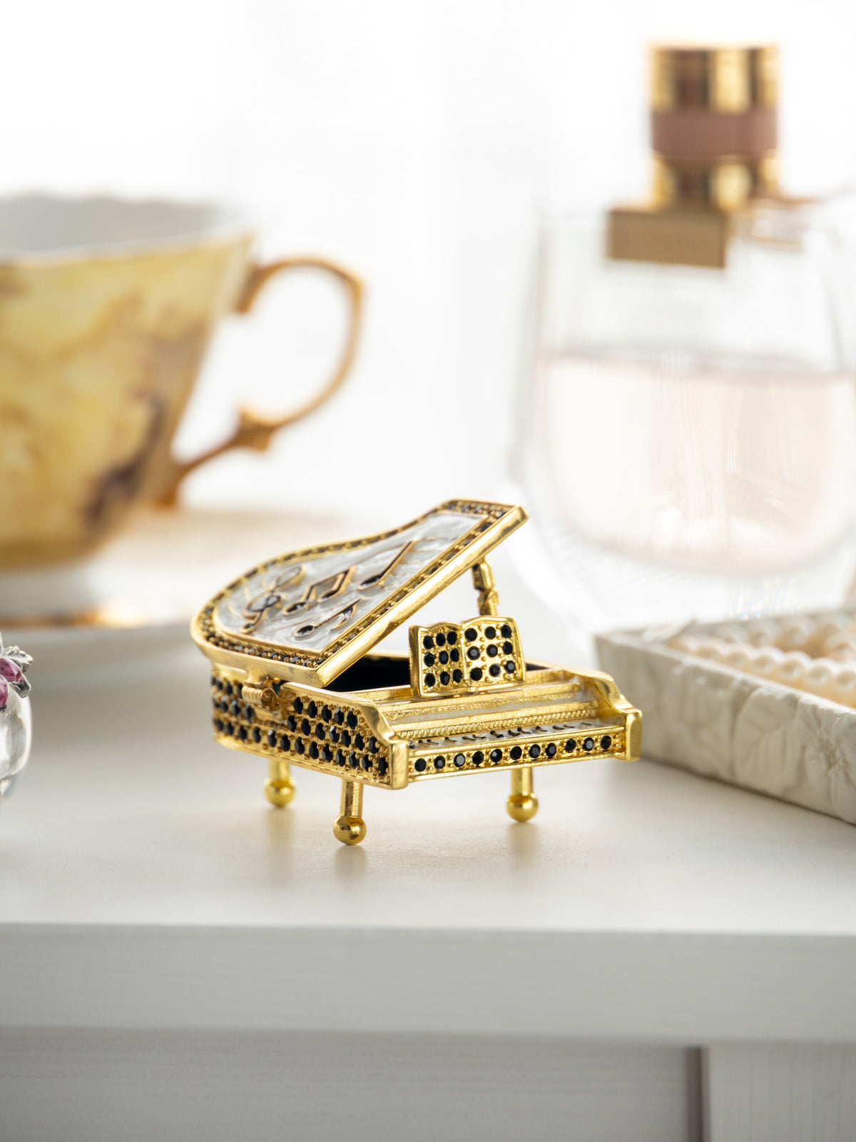 Golden White Piano with Black Crystals