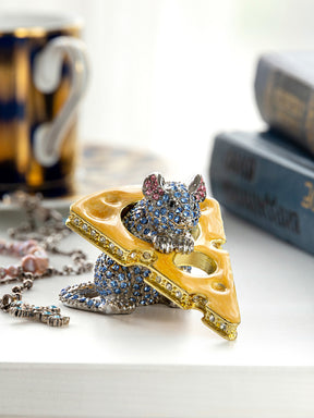 Keren Kopal Sparkling Mouse Peeking from Yellow Cheese Trinket Box