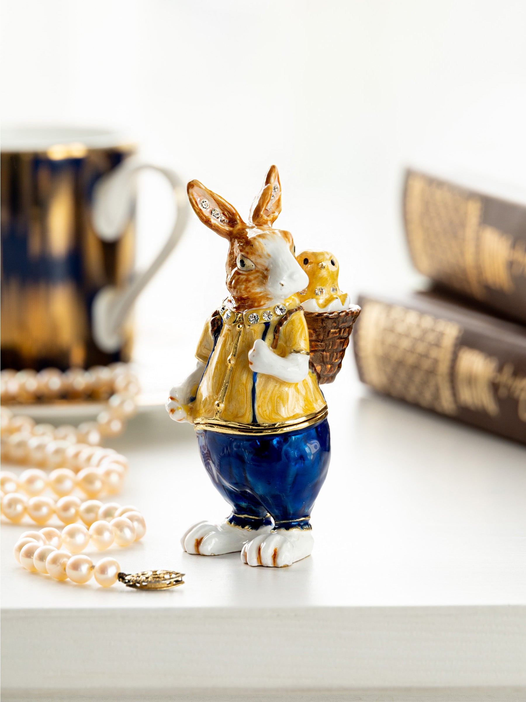 Easter bunny carrying a baby chick on a basket