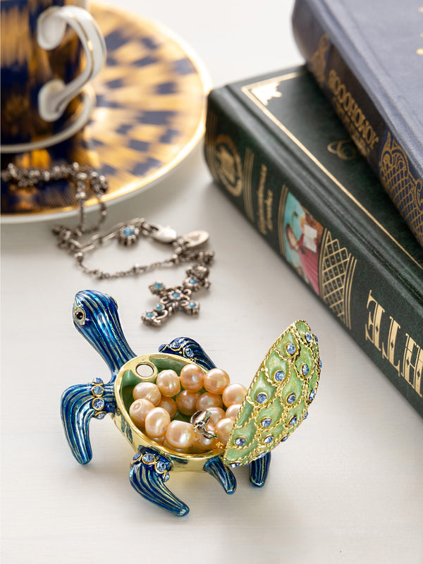 Golden Shell Blue Turtle Trinket Box