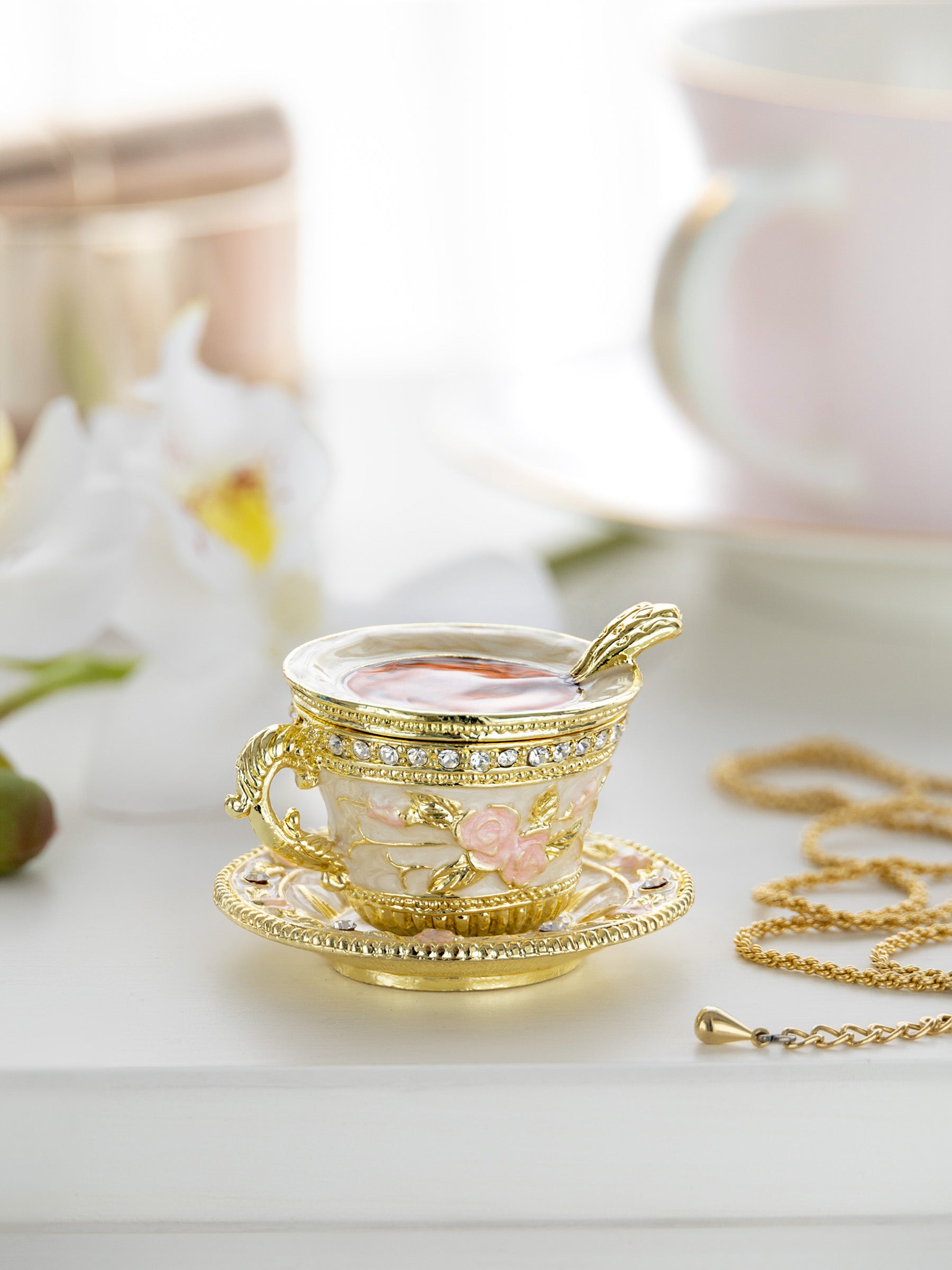 Golden Tea Cup with Pink Roses