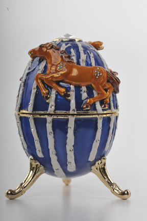 Blue Faberge Egg Trinket Box with Brown Horses