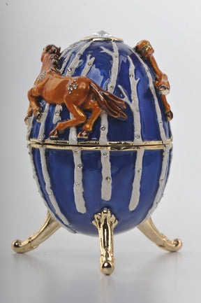 Blue Faberge Egg Trinket Box with Brown Horses