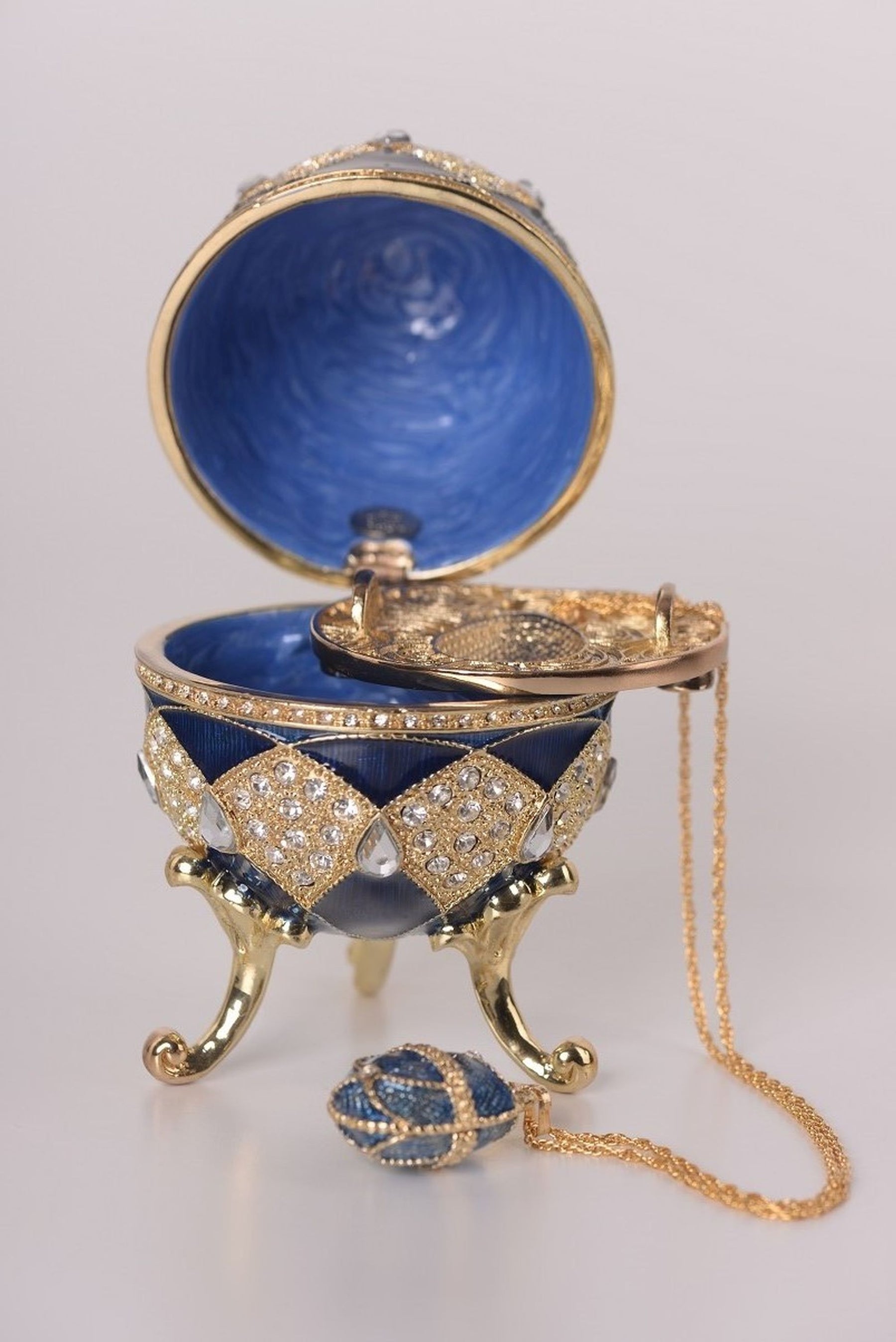 Blue Faberge Egg with Egg Pendant Inside