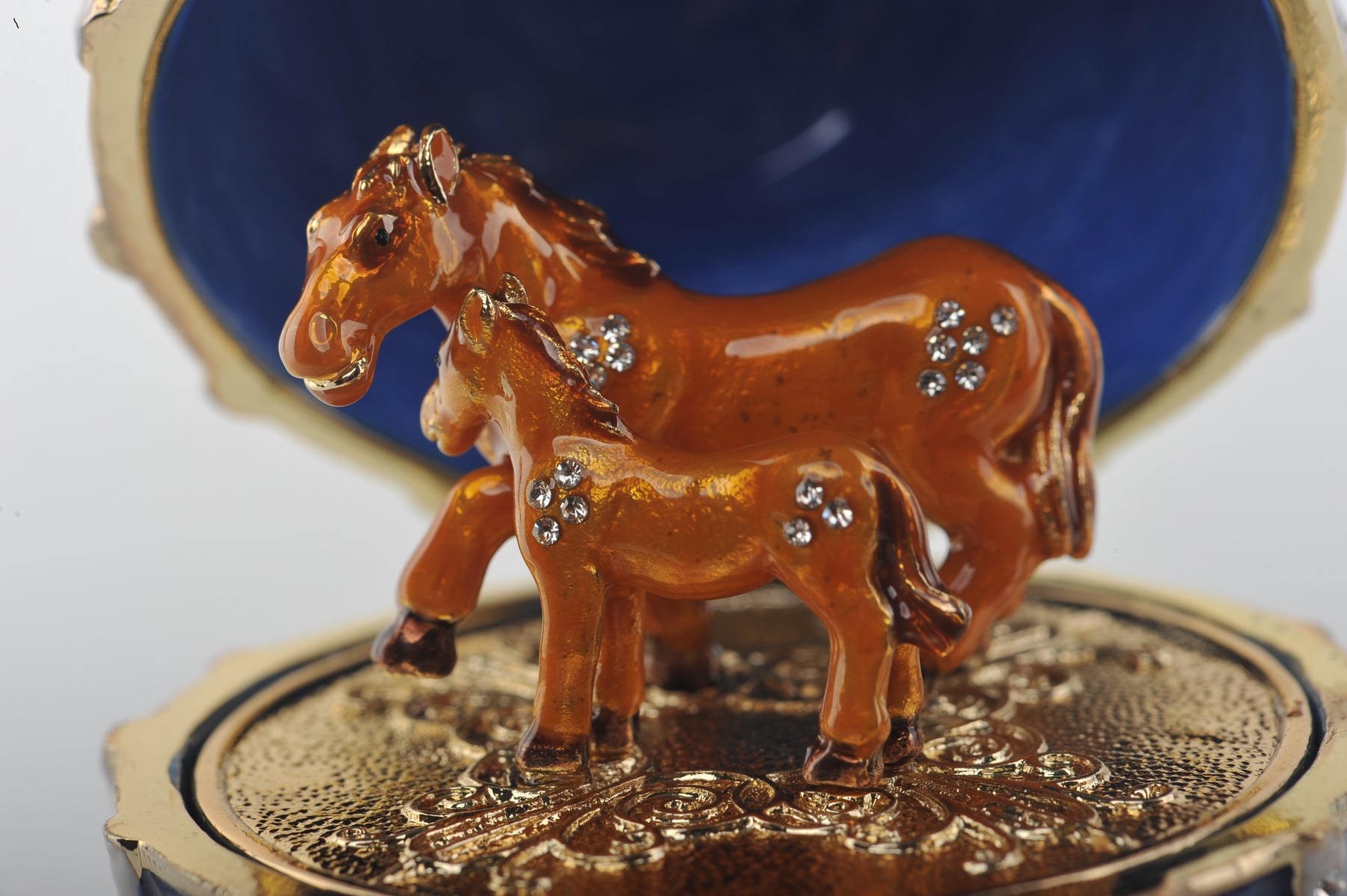 Blue Faberge Egg Trinket Box with Brown Horses