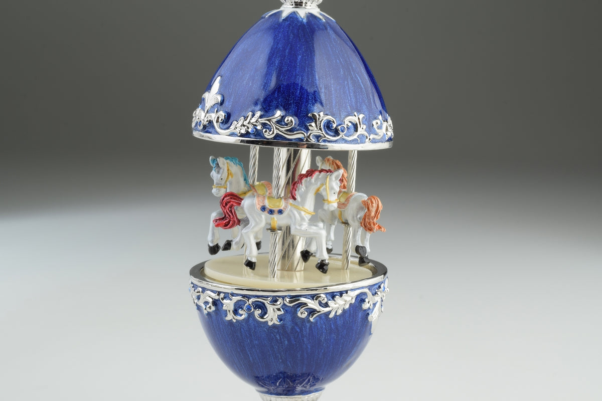 Blue Faberge Egg Carousel with White Royal Horses