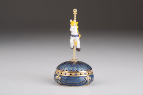 Blue Wind up Carousel with Royal White Horse