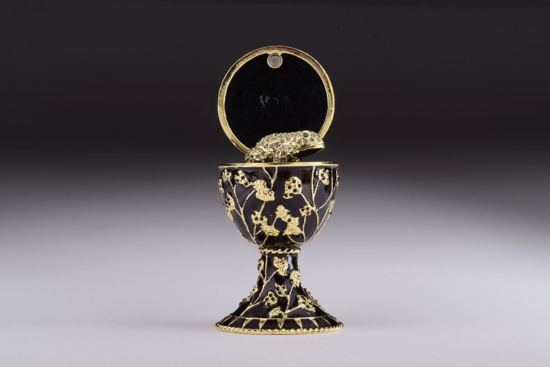 Black Faberge Egg with Silver Frog Surprise Inside Easter Egg Keren Kopal