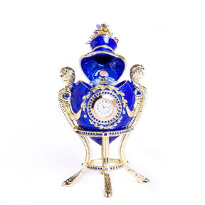 Blue Decorated Faberge Egg with Clock Easter Egg Keren Kopal