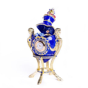 Blue Decorated Faberge Egg with Clock Easter Egg Keren Kopal