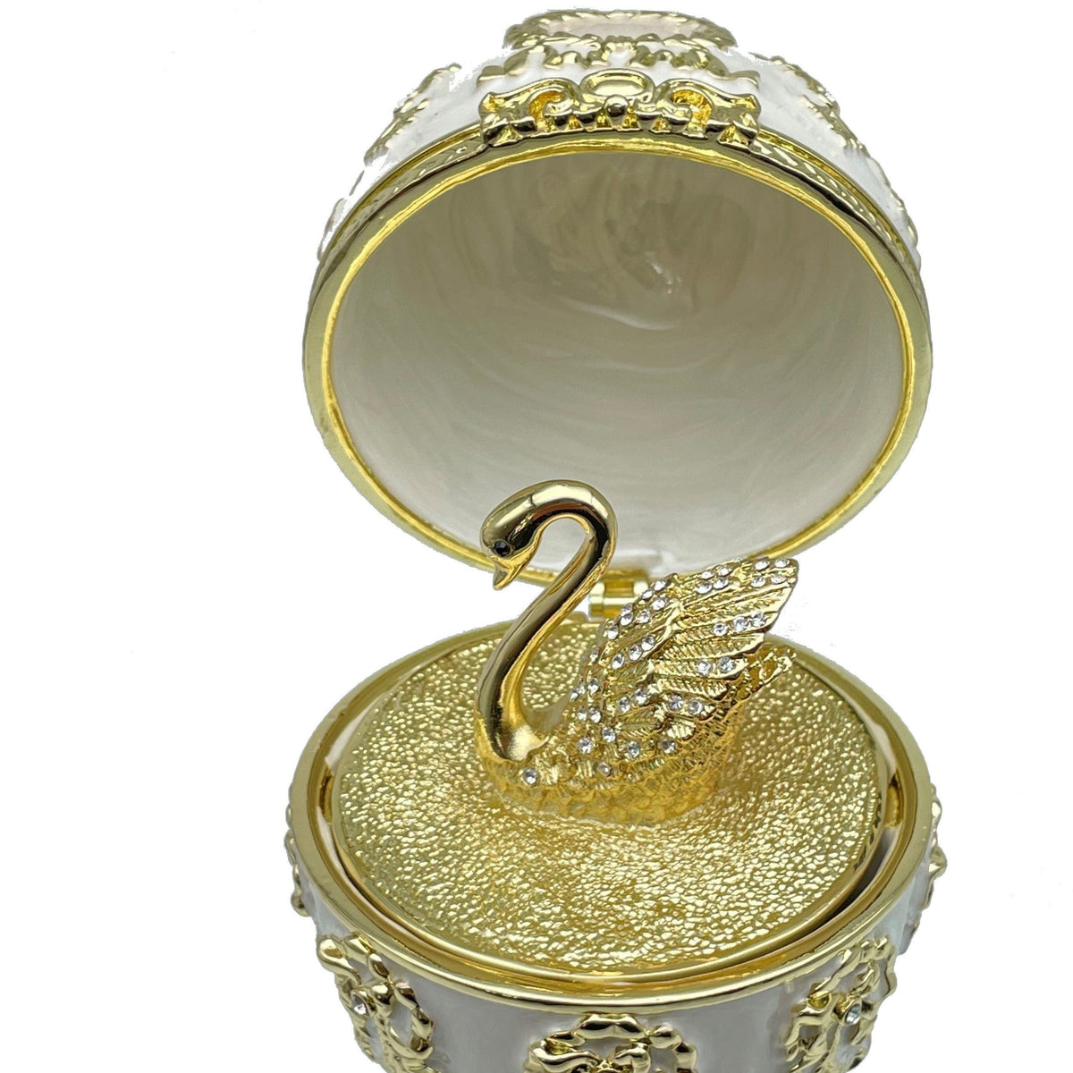 White Faberge Egg with Swan Inside Easter Egg Keren Kopal