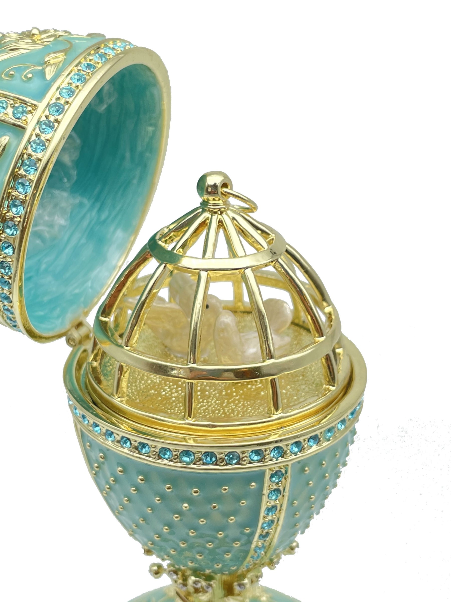 Green turquoise Faberge Egg with doves trinket box Faberge Egg Keren Kopal