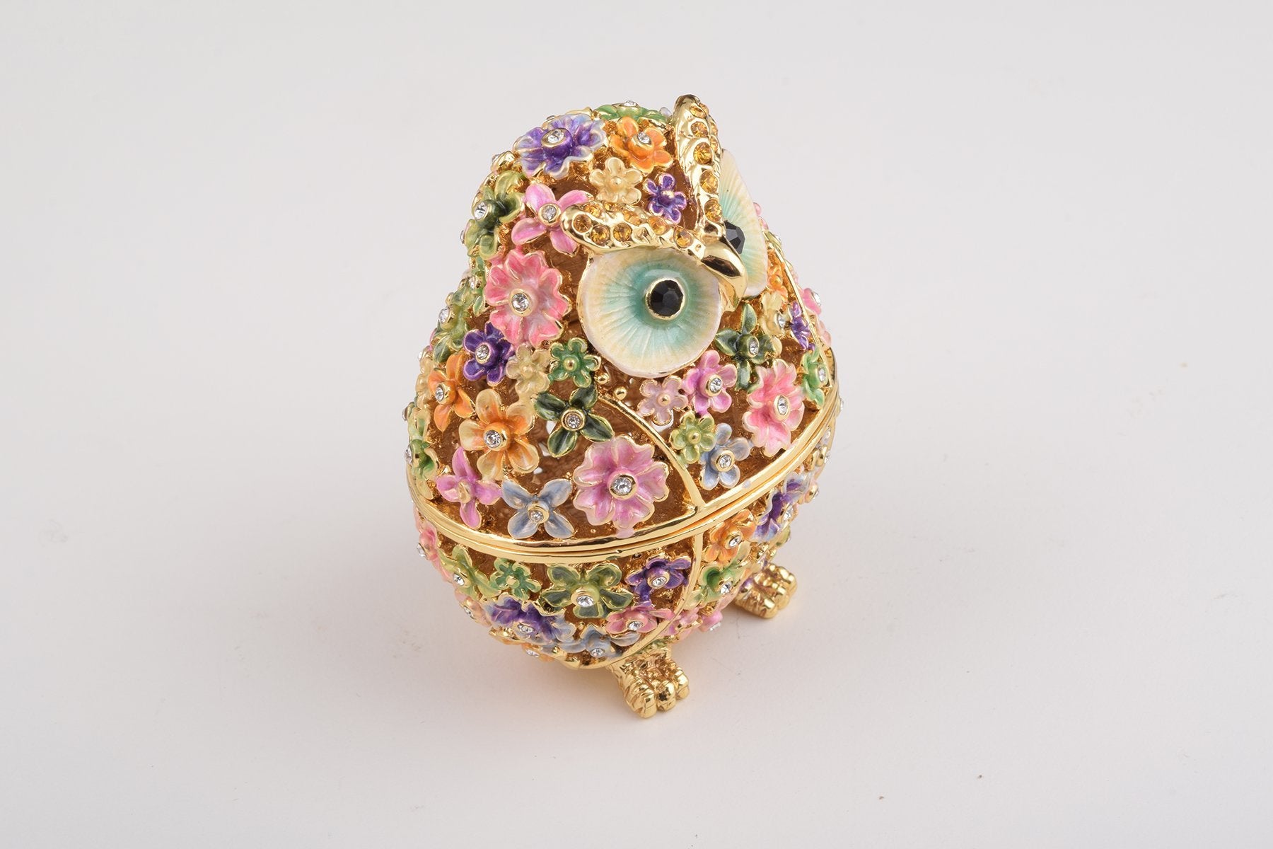 Keren Kopal Gold Owl with Colorful Flowers Trinket Box