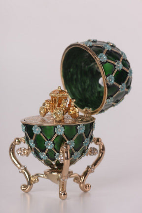 Green Faberge Egg with Blue Flowers & Gold Carriage Inside  Keren Kopal