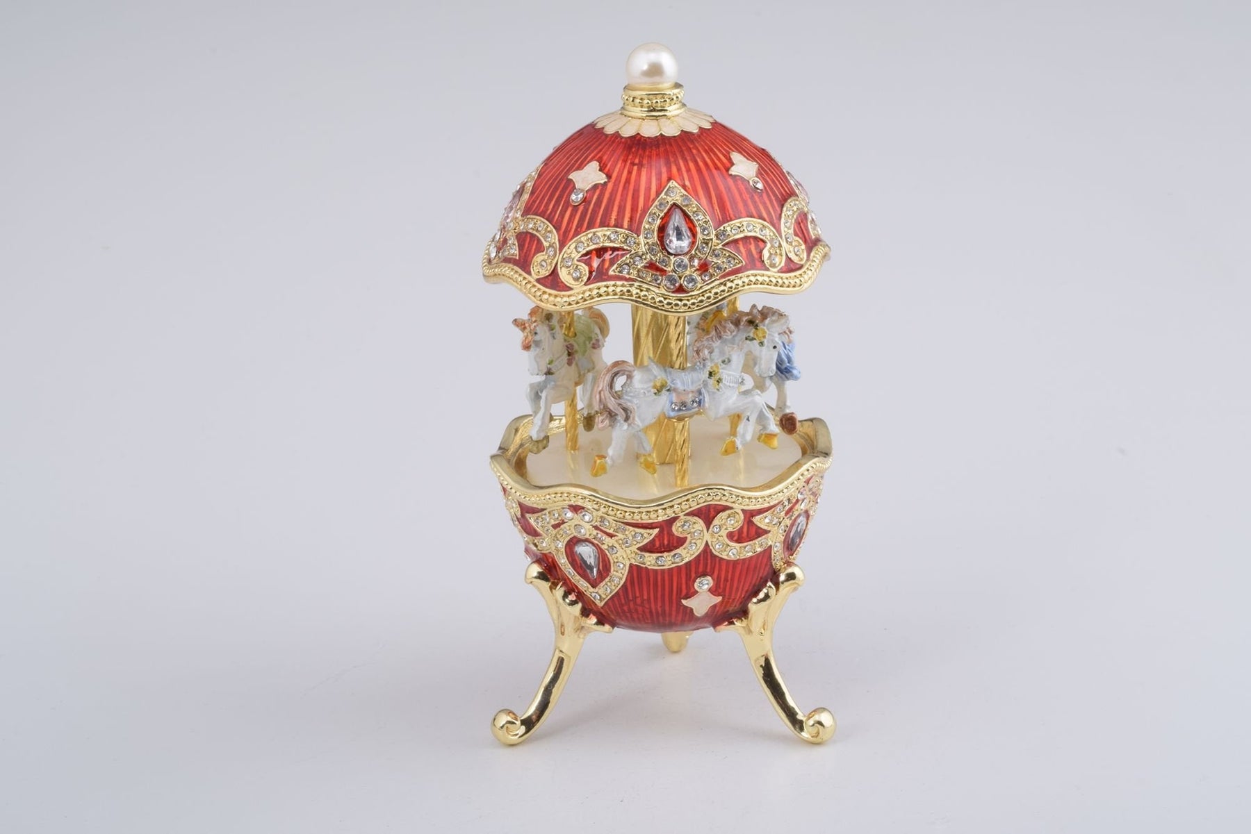 Red Wind up Horse Carousel Faberge Style Egg  Keren Kopal