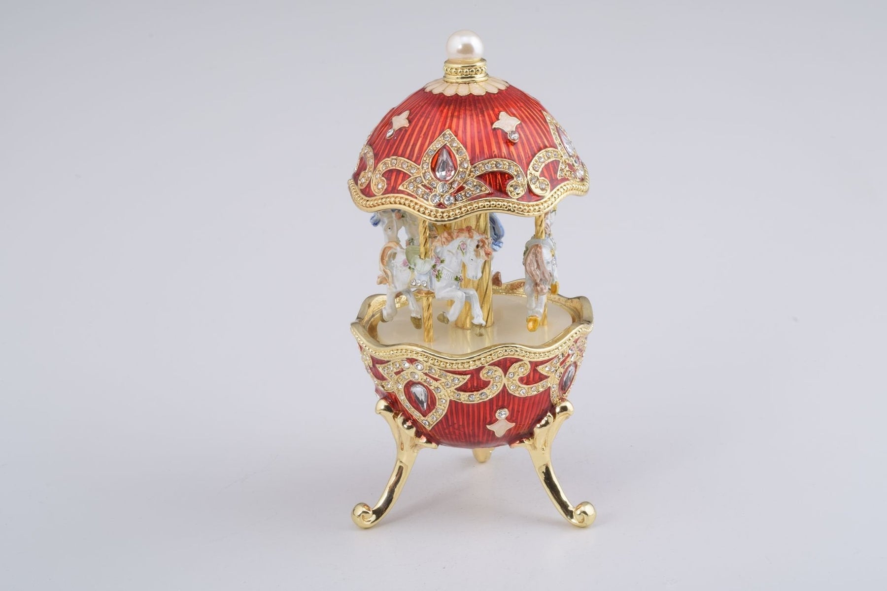 Red Wind up Horse Carousel Faberge Style Egg  Keren Kopal