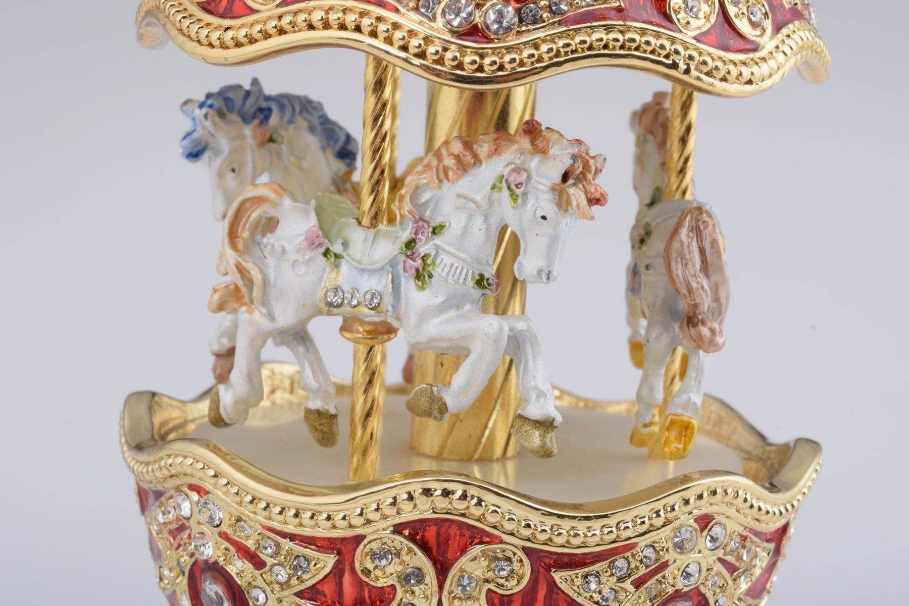 Red Wind up Horse Carousel Faberge Style Egg  Keren Kopal