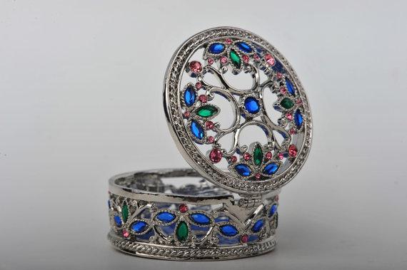 Keren Kopal Silver with Blue & Pink Decorations Trinket Box